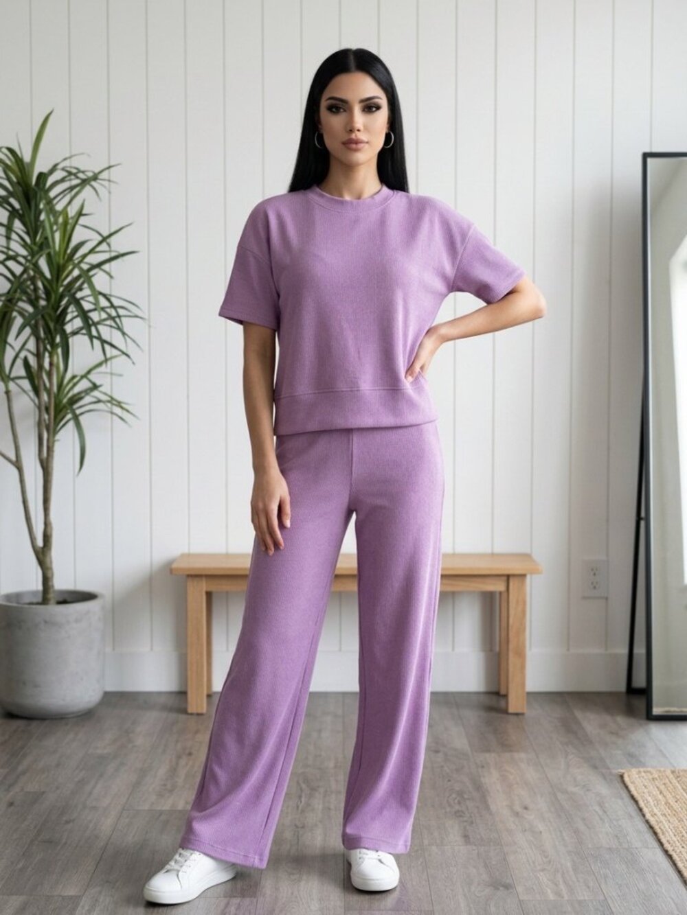 Zenana Women's Ribbed Round Neck Short Sleeve Tee & Pants Set-Medium (NWOT)